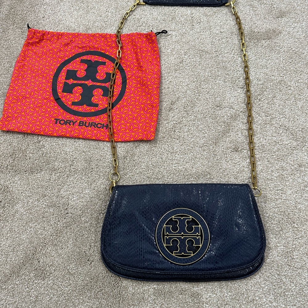 Tory Burch Reva Navy Blue and Gold crossbody